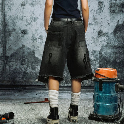 BANG | KEY PATCH RAW-EDGE CROPPED DENIM SHORTS