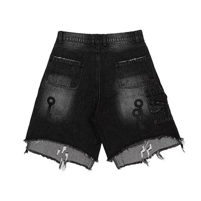BANG | KEY PATCH RAW-EDGE CROPPED DENIM SHORTS