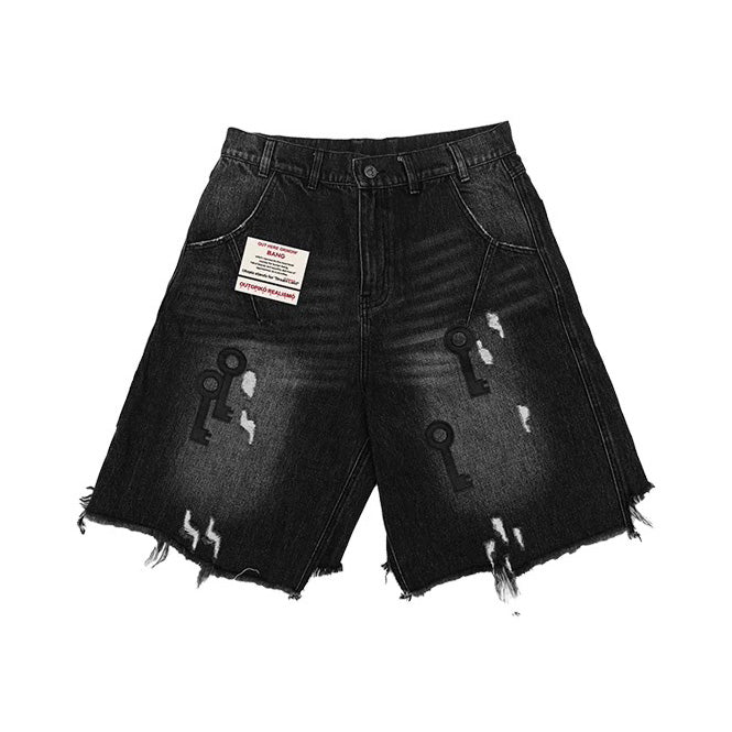BANG | KEY PATCH RAW-EDGE CROPPED DENIM SHORTS