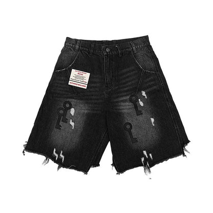 BANG | KEY PATCH RAW-EDGE CROPPED DENIM SHORTS