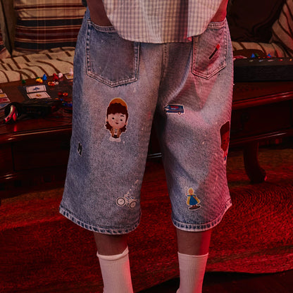 WHOOSIS x STRANGER THINGS | Character College Denim Shorts