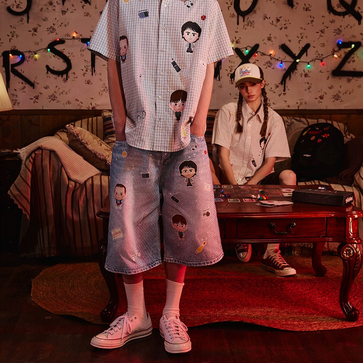 WHOOSIS x STRANGER THINGS | Character College Denim Shorts