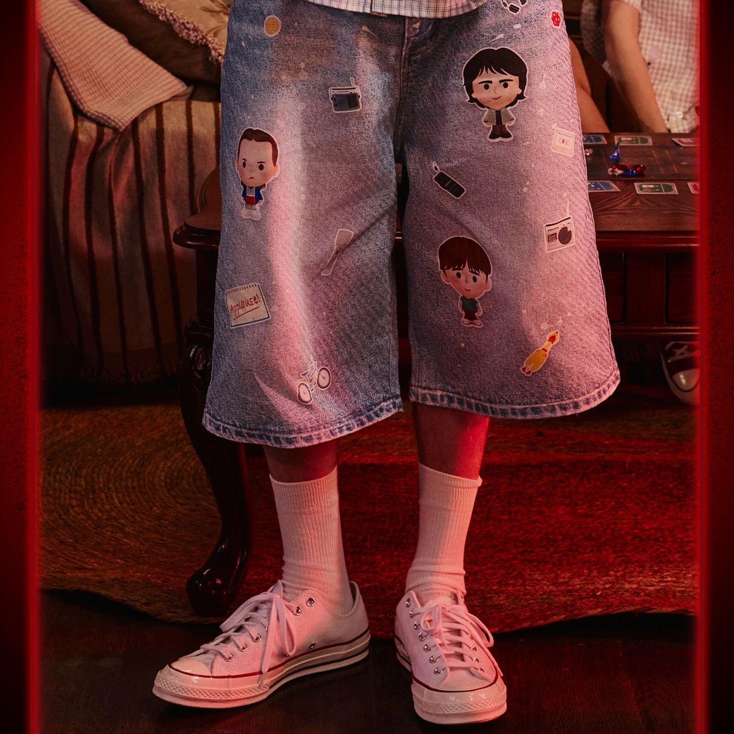 WHOOSIS x STRANGER THINGS | Character College Denim Shorts