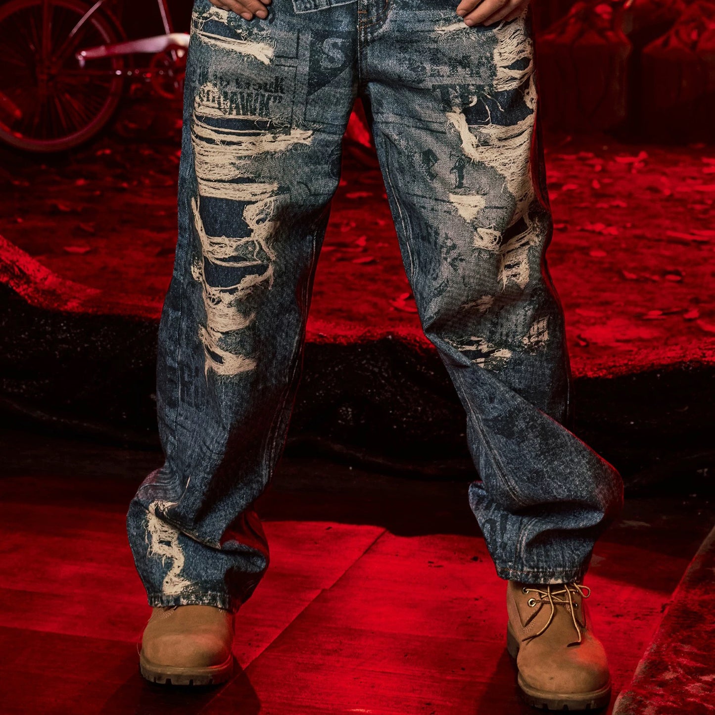 WHOOSIS x STRANGER THINGS | NEWSPAPER DISTRESSED PRINT DENIM JEANS
