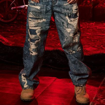 WHOOSIS x STRANGER THINGS | NEWSPAPER DISTRESSED PRINT DENIM JEANS