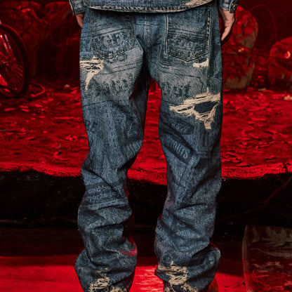 WHOOSIS x STRANGER THINGS | NEWSPAPER DISTRESSED PRINT DENIM JEANS