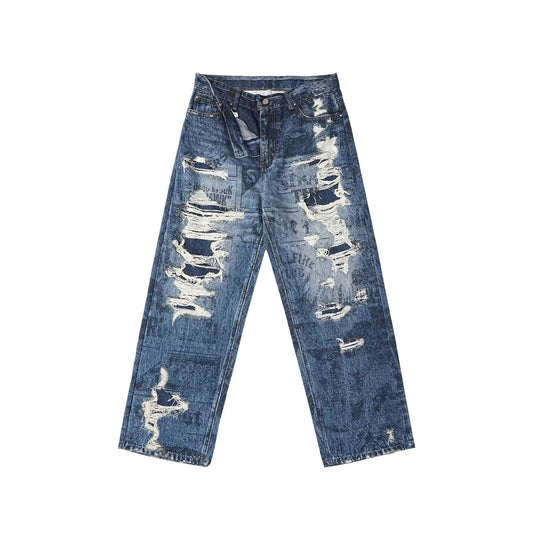 WHOOSIS x STRANGER THINGS | NEWSPAPER DISTRESSED PRINT DENIM JEANS