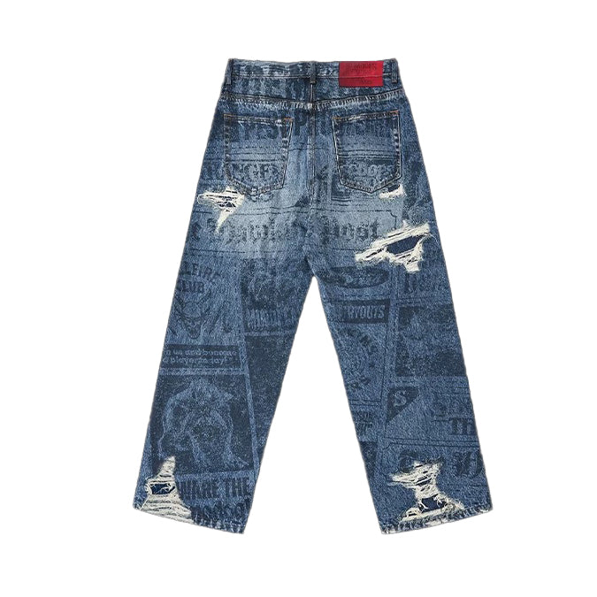 WHOOSIS x STRANGER THINGS | NEWSPAPER DISTRESSED PRINT DENIM JEANS
