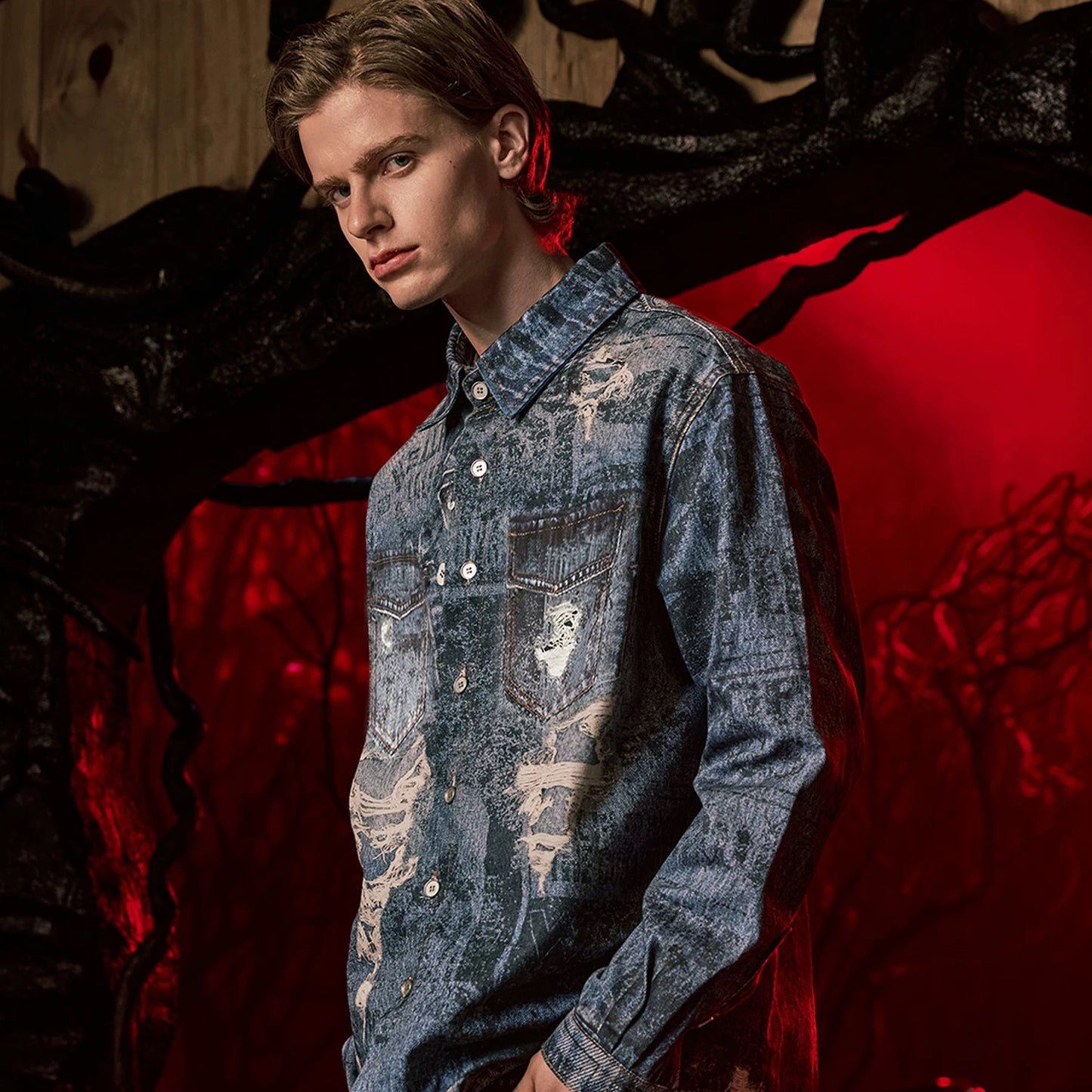 WHOOSIS x STRANGER THINGS | NEWSPAPER DISTRESSED PRINT LONG-SLEEVE SHACKET