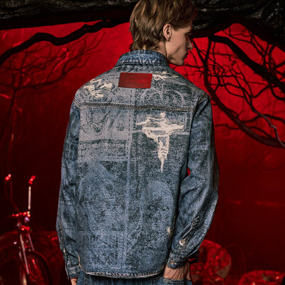 WHOOSIS x STRANGER THINGS | NEWSPAPER DISTRESSED PRINT LONG-SLEEVE SHACKET