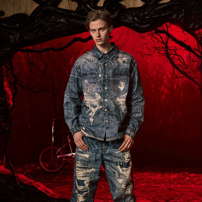 WHOOSIS x STRANGER THINGS | NEWSPAPER DISTRESSED PRINT LONG-SLEEVE SHACKET