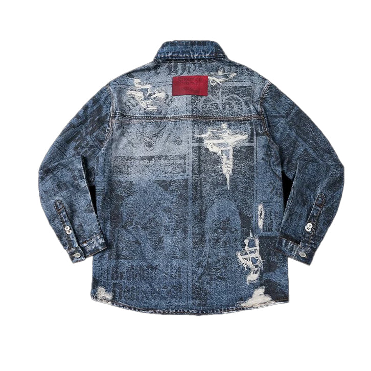 WHOOSIS x STRANGER THINGS | NEWSPAPER DISTRESSED PRINT LONG-SLEEVE SHACKET
