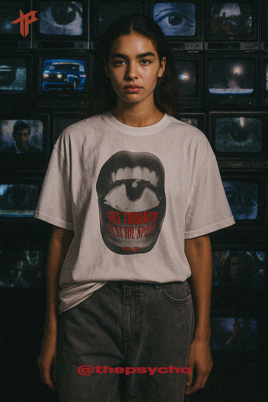 Person wearing a t-shirt with graphic design in front of a wall of monitors displaying various images.